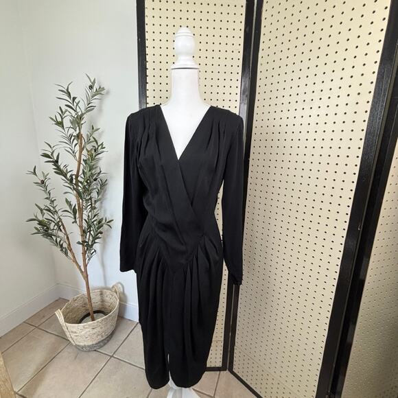 Vintage Barbara Barbara Black Draped-Neck Dress Sz 10 — Quiet Luxury Chic - Picture 2 of 9